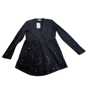 ZARA Black Sequin V Neck Long‎ Sleeve Mini Dress Party Clubwear XL